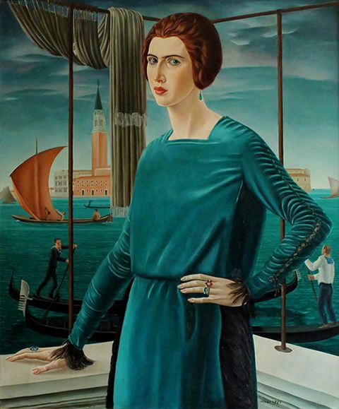 Ubaldo Oppi: Die Frau des Künstlers vor venezianischer Kulisse | © Carlo Baroni, Rovereto